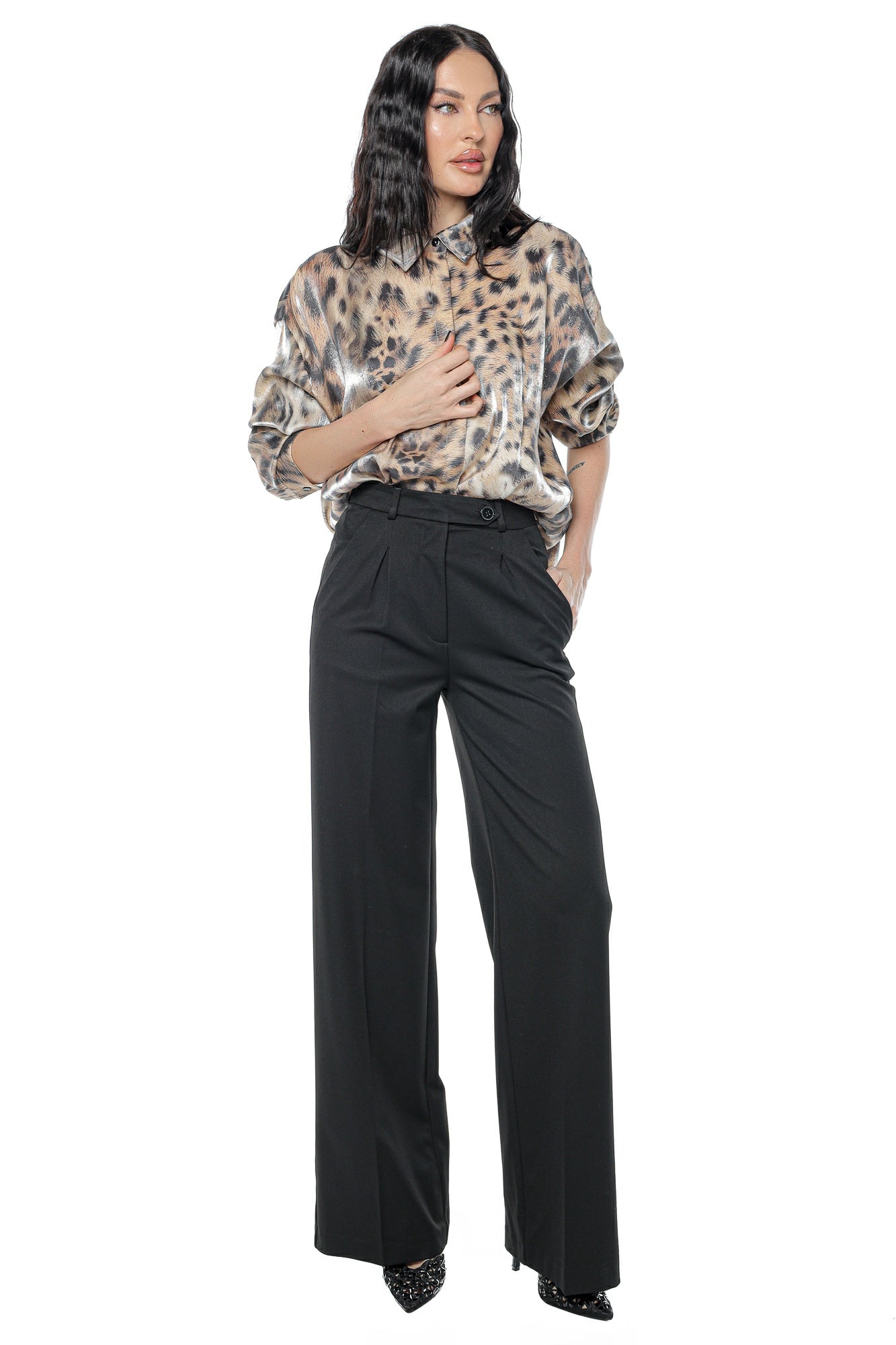 Pantaloni eleganti wide leg talie inalta