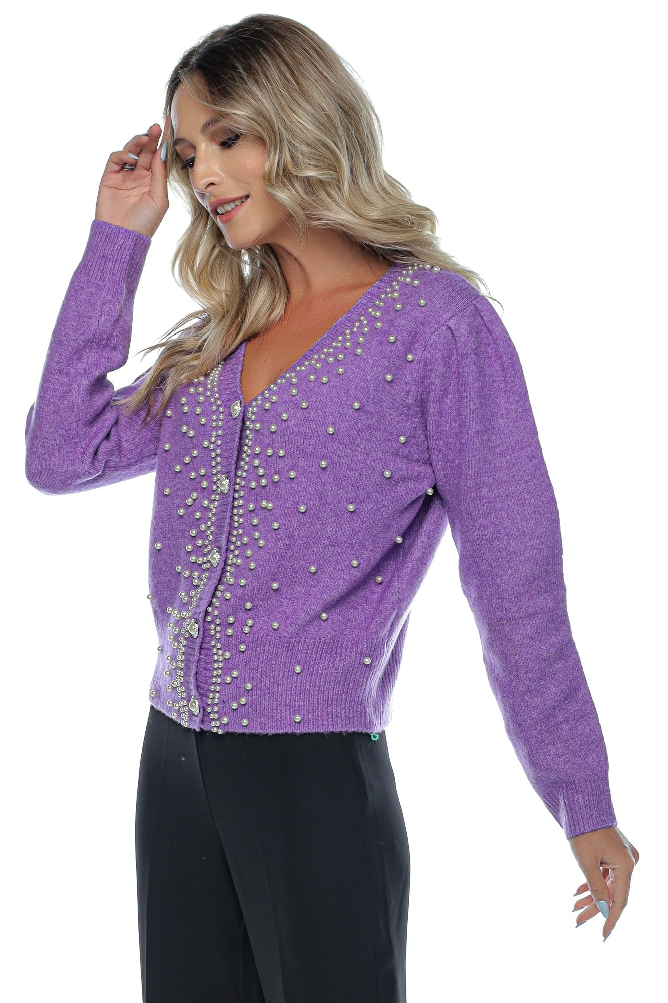 Pulover dama mov elegant in nasturi perle