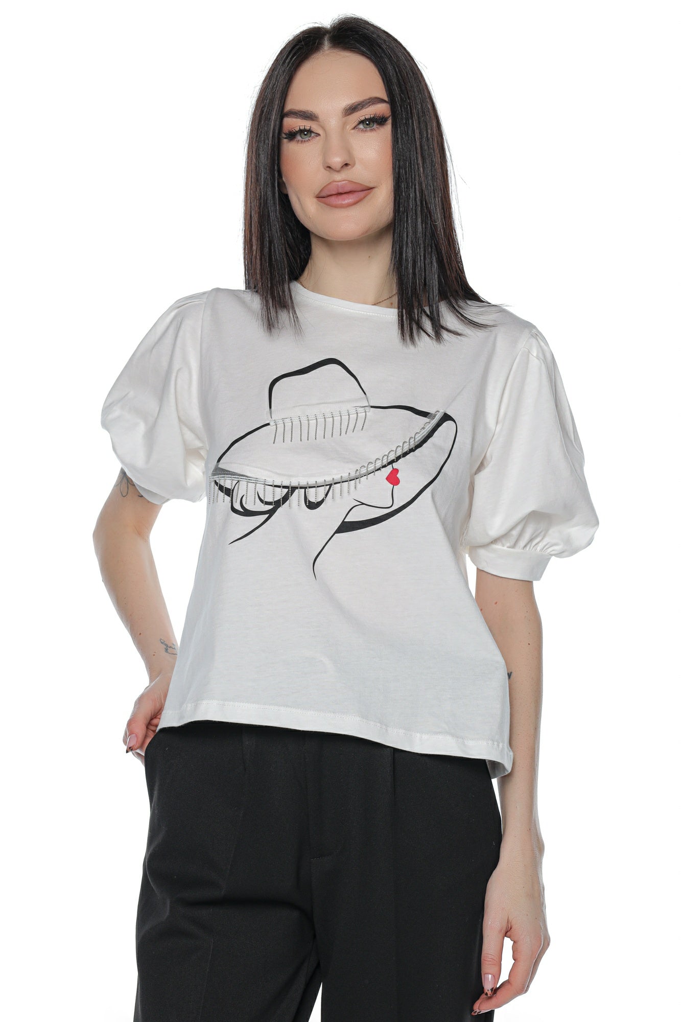 Tricou dama maneca bufanta palarie lant