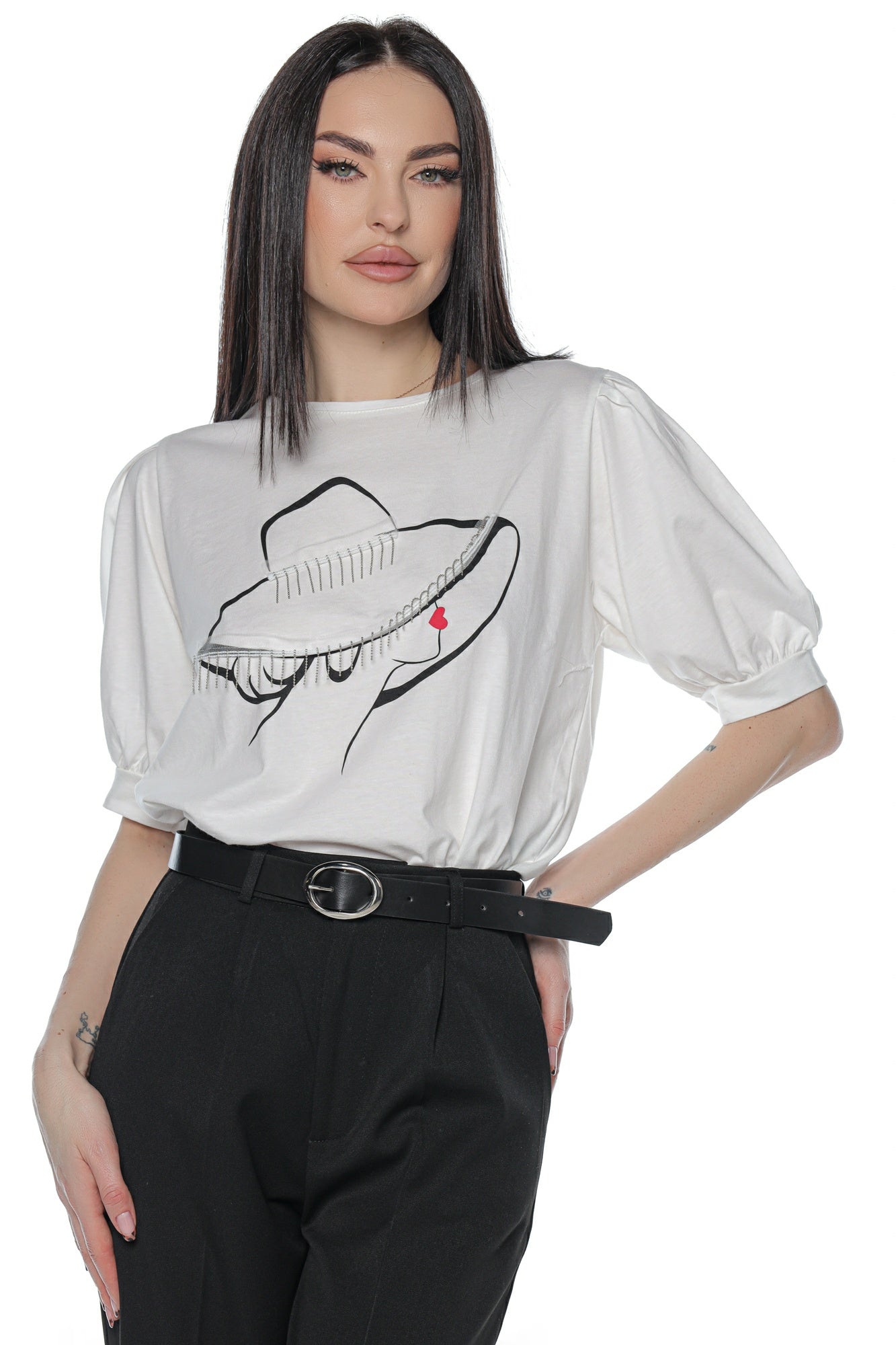 Tricou dama maneca bufanta palarie lant