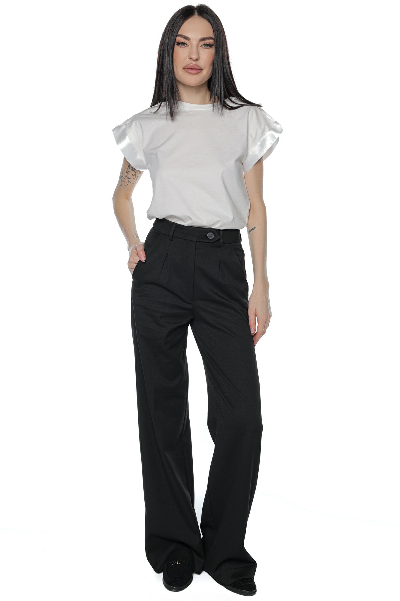 Pantaloni eleganti wide leg talie inalta