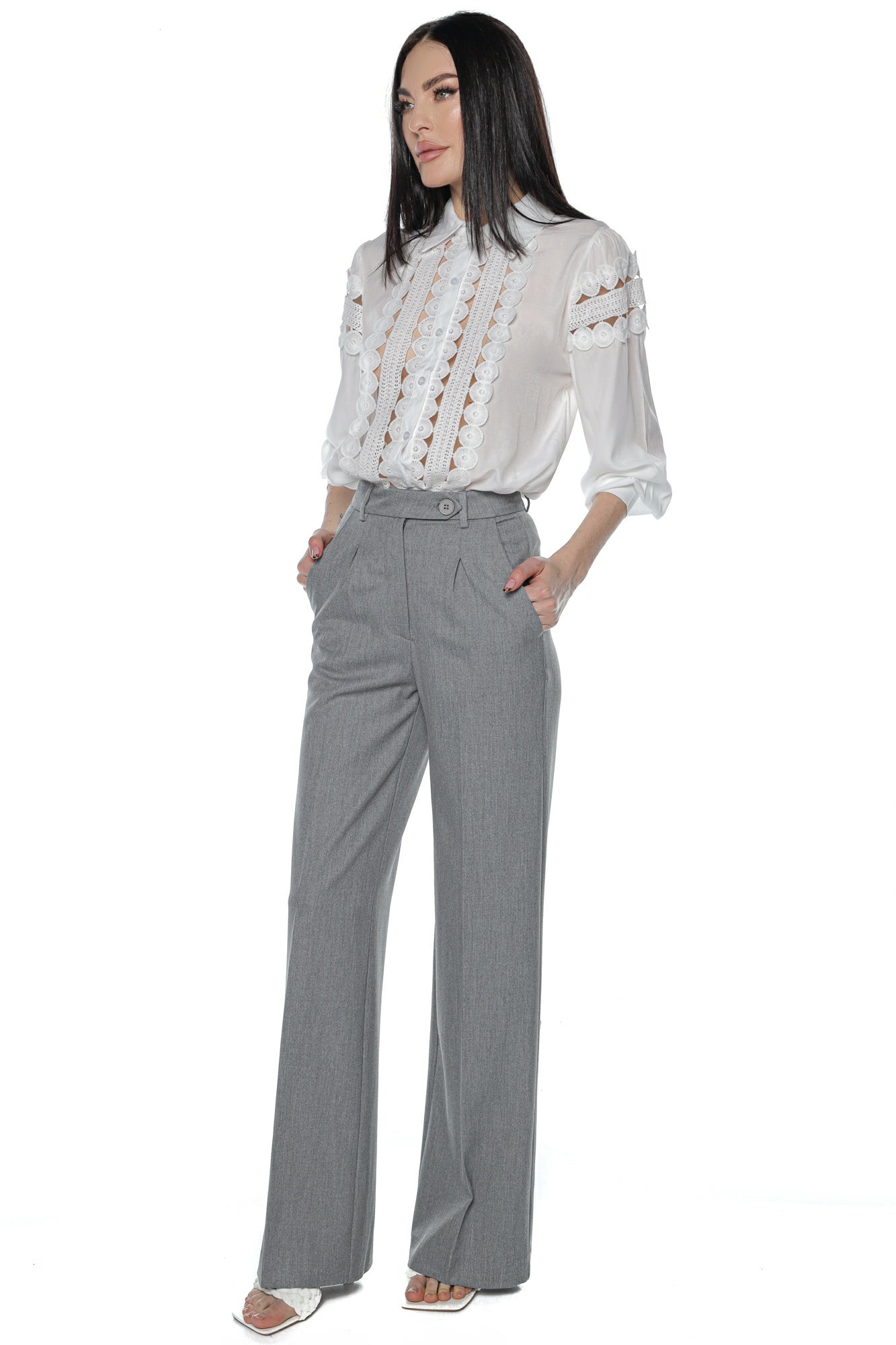 Pantaloni eleganti wide leg talie inalta