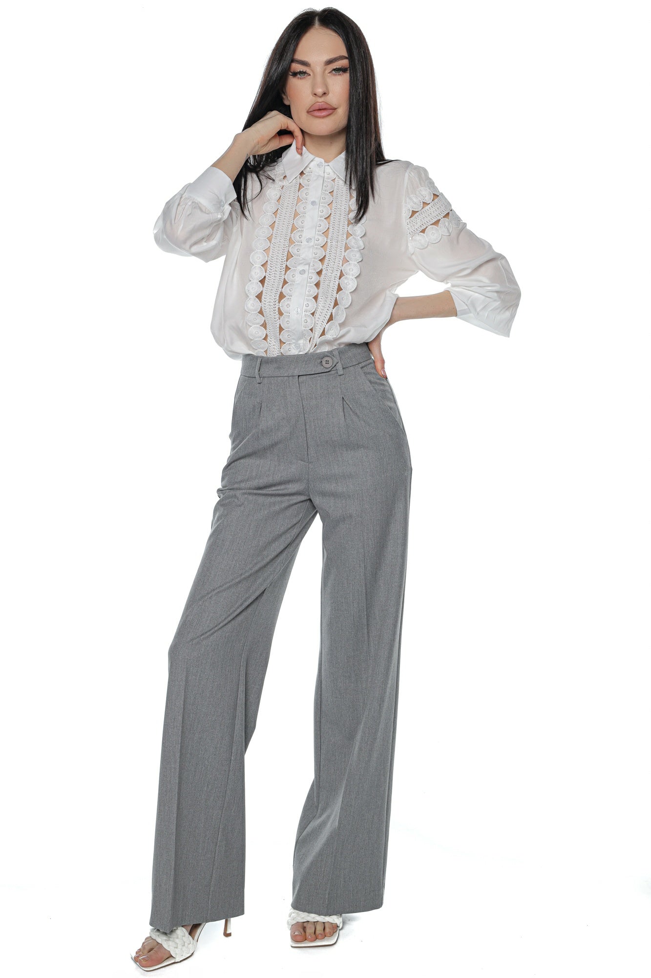 Pantaloni eleganti wide leg talie inalta