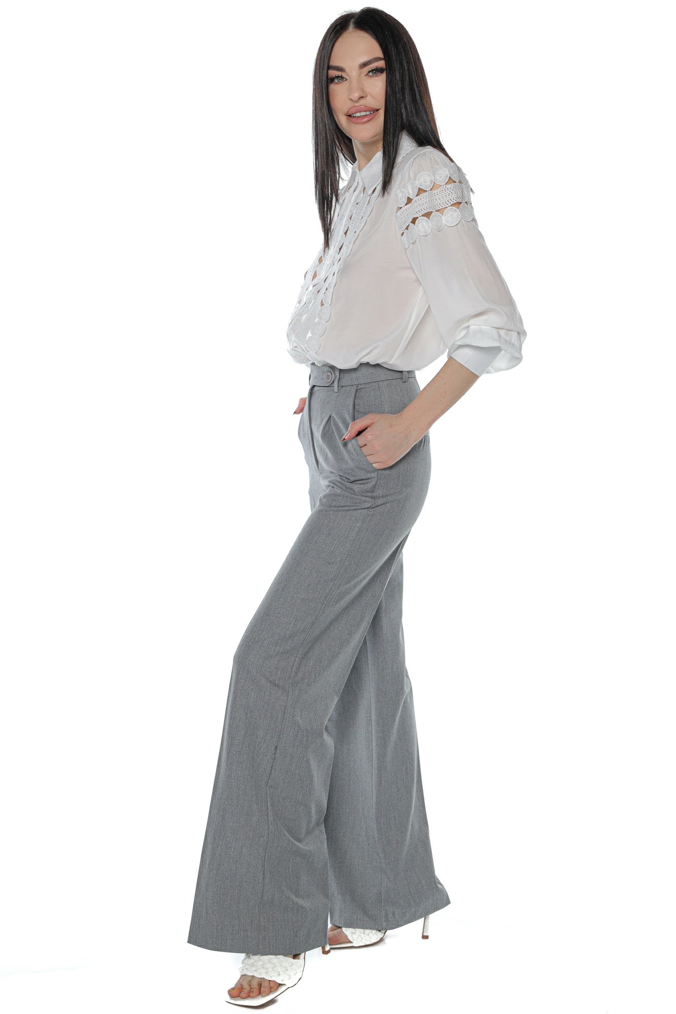 Pantaloni eleganti wide leg talie inalta
