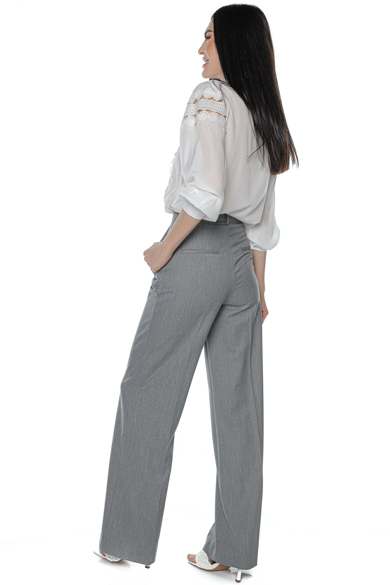 Pantaloni eleganti wide leg talie inalta