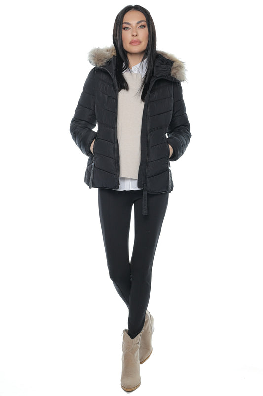 Geaca neagra cambrata gluga blana naturala