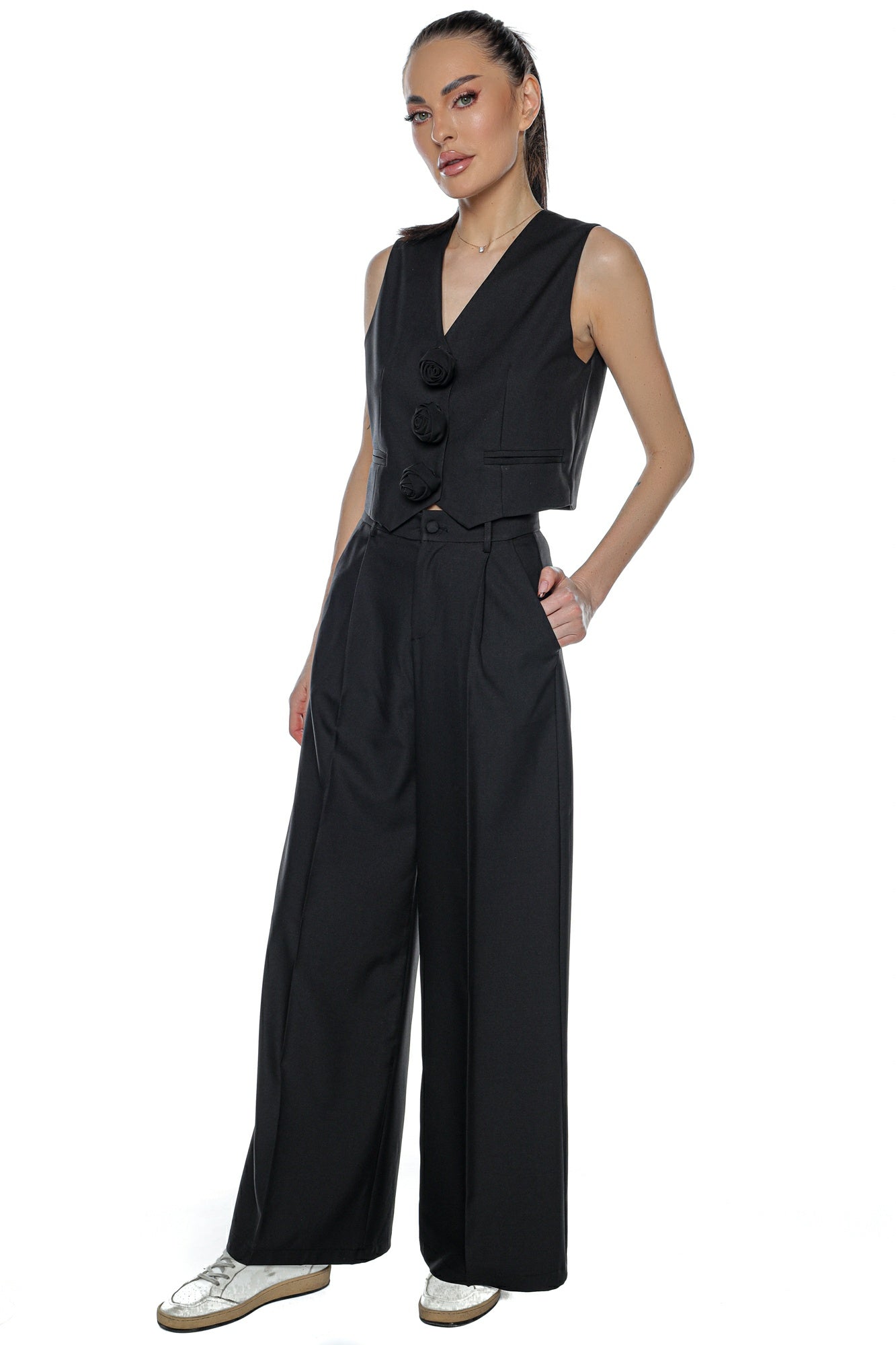 Compleu pantalon wide leg vesta 3 brose floare