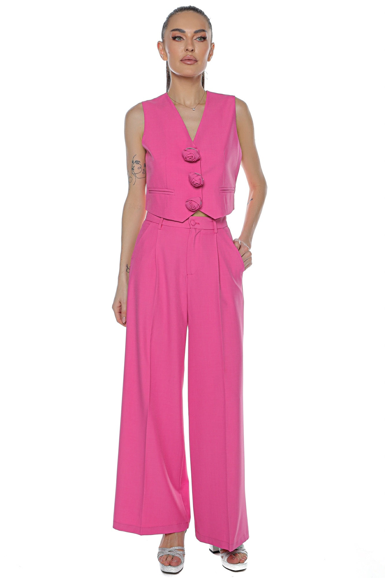 Compleu pantalon wide leg vesta 3 brose floare