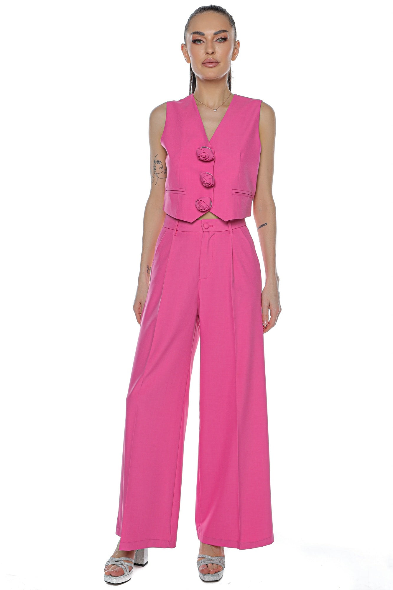 Compleu pantalon wide leg vesta 3 brose floare