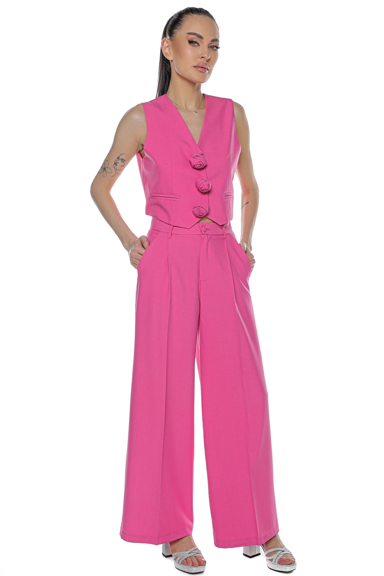 Compleu pantalon wide leg vesta 3 brose floare