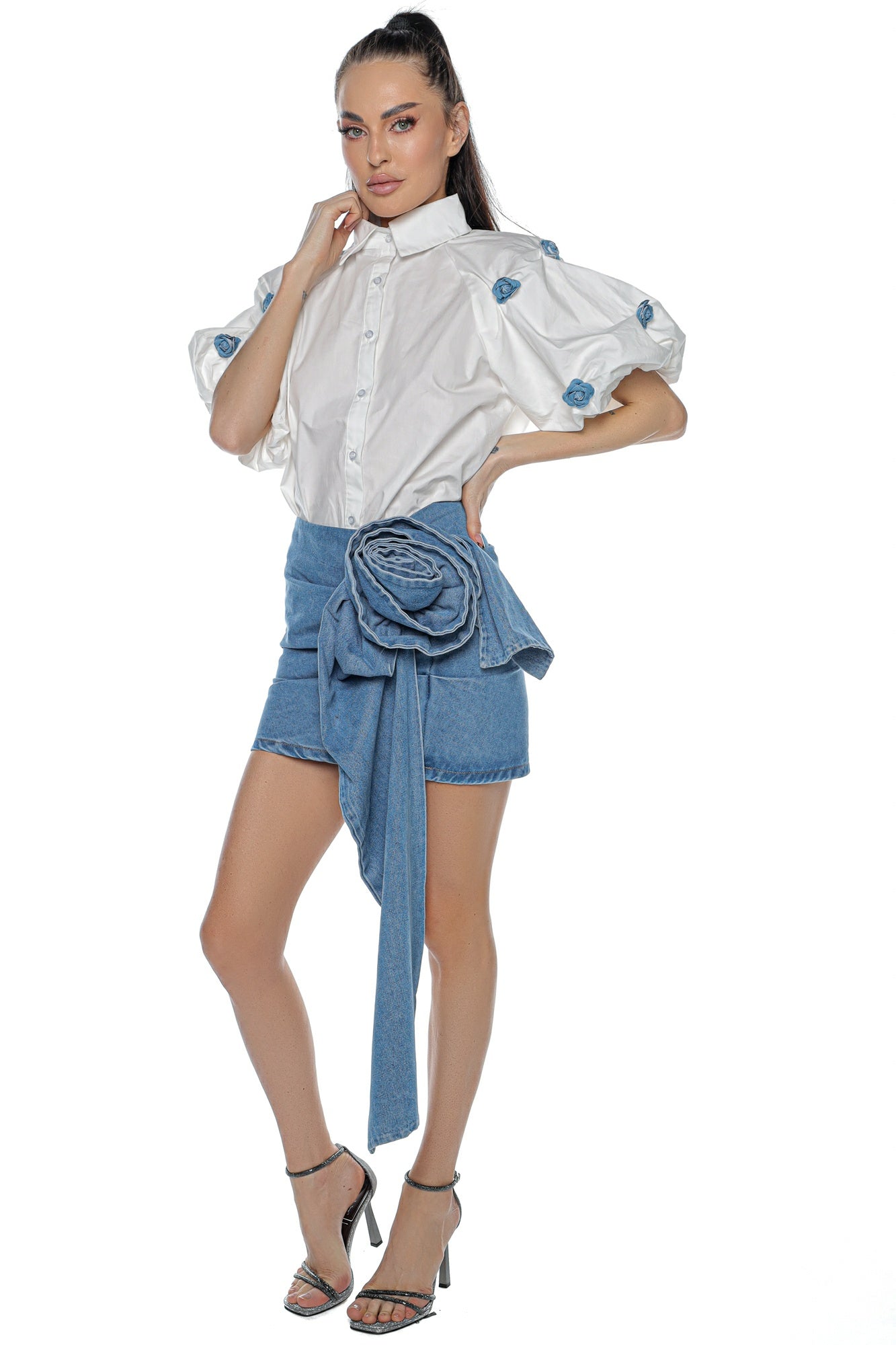 Fusta scurta jeans floare 3d
