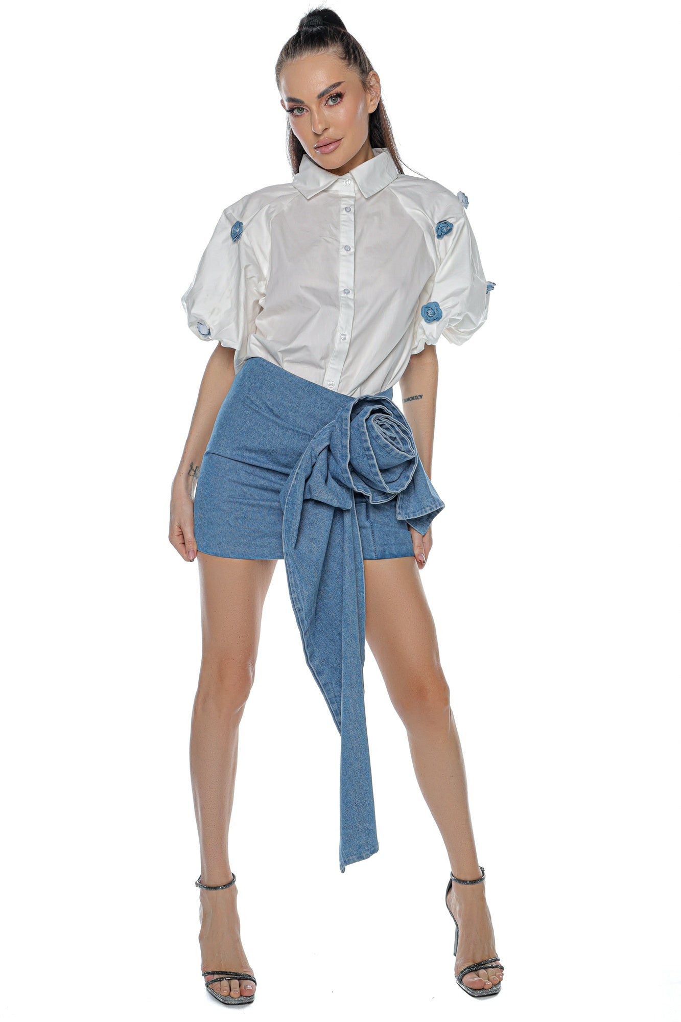 Fusta scurta jeans floare 3d