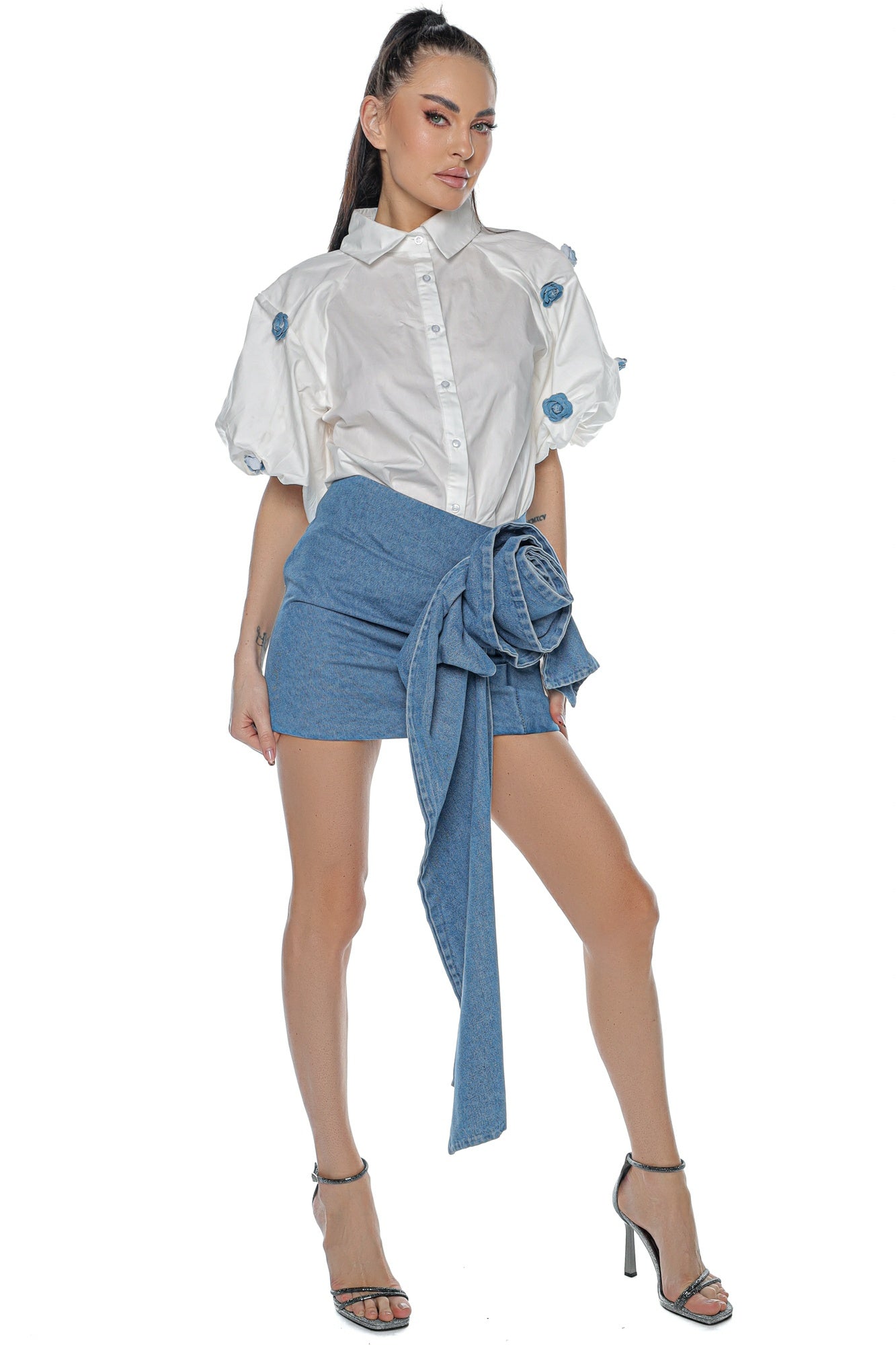 Fusta scurta jeans floare 3d