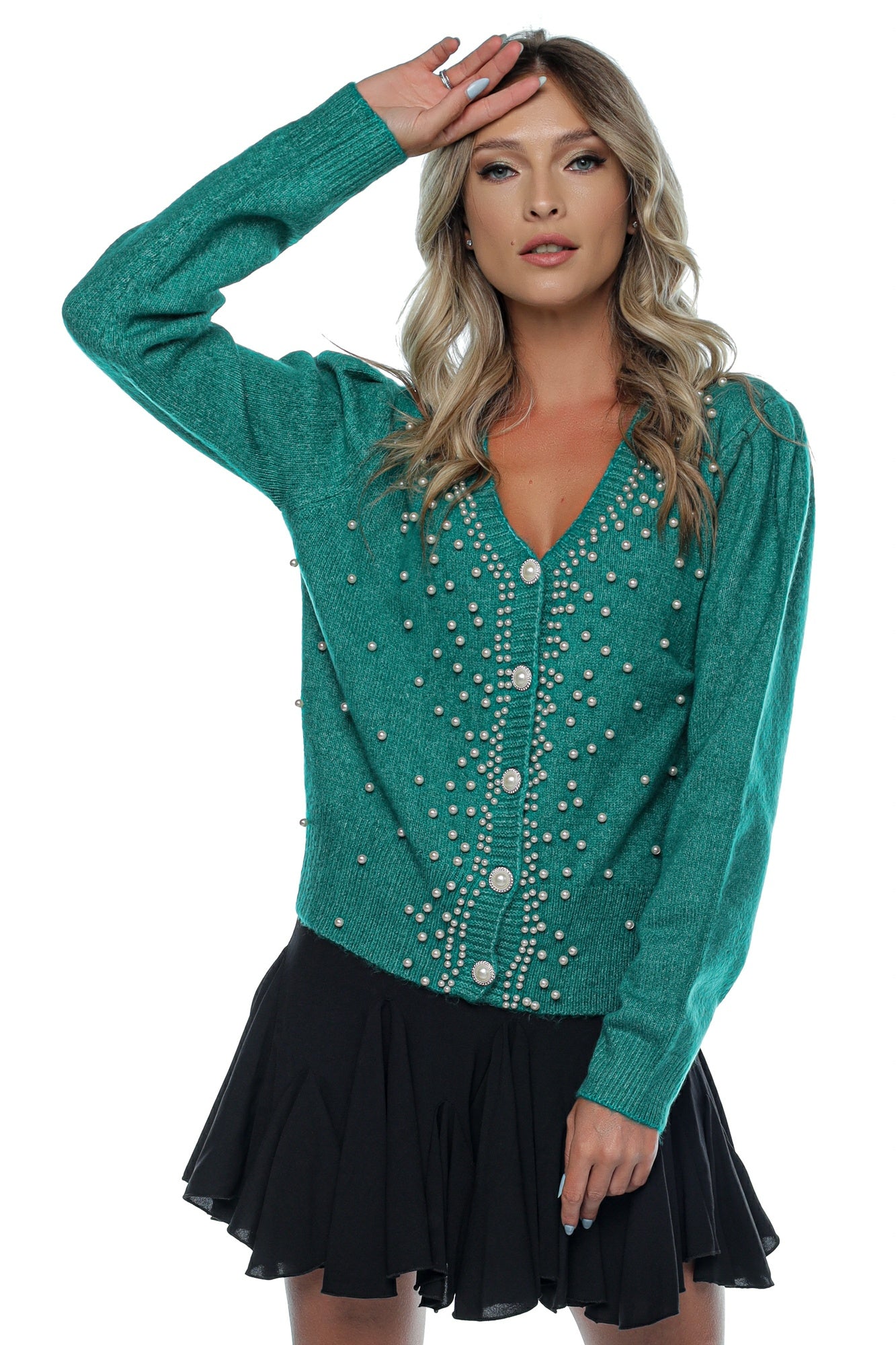 Pulover verde elegant in nasturi perle