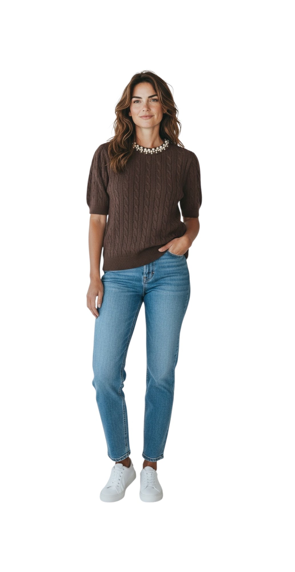 Pulover dama maneca scurta torsade perle gat