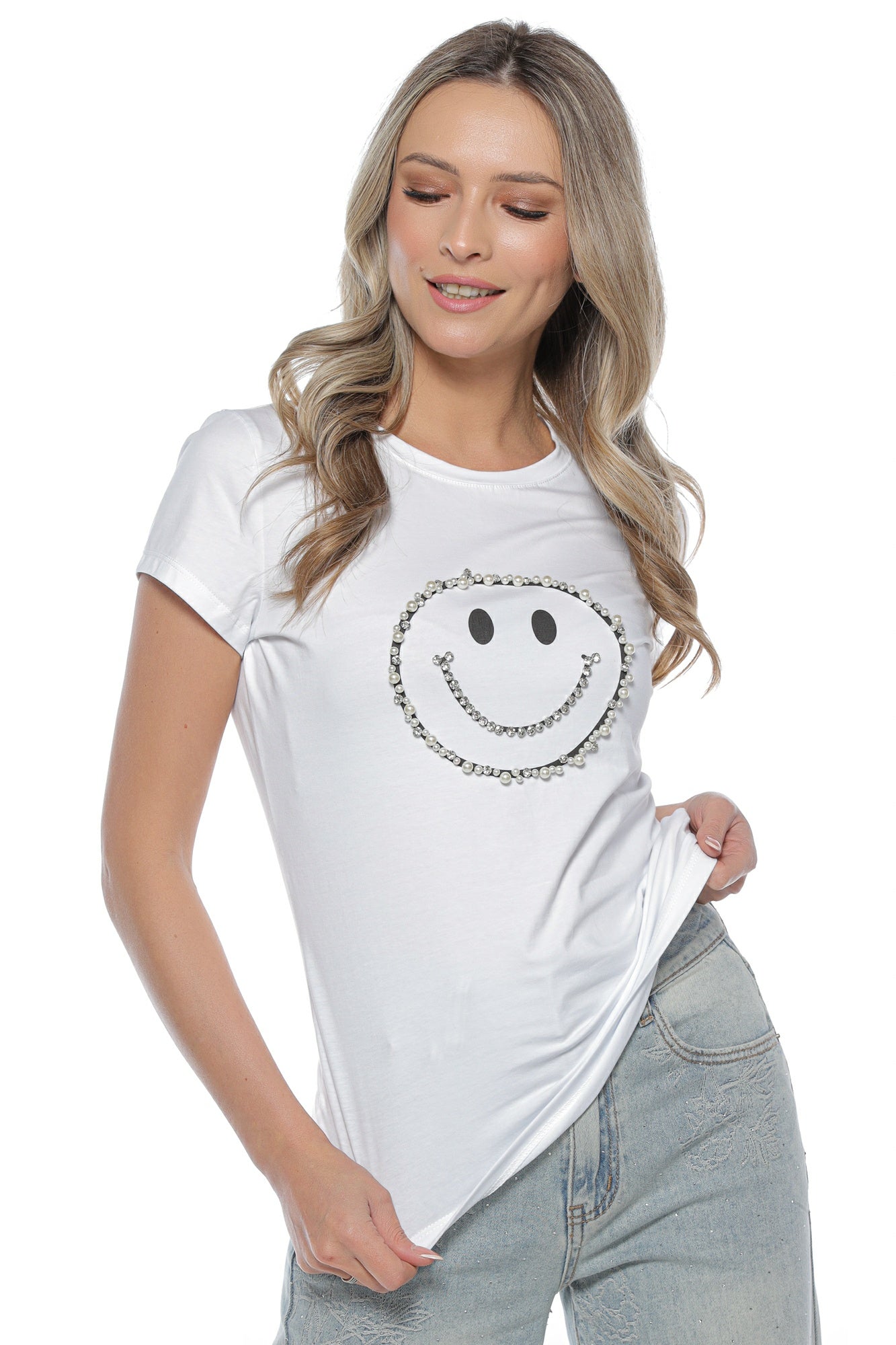Tricou dama smile face perle stras