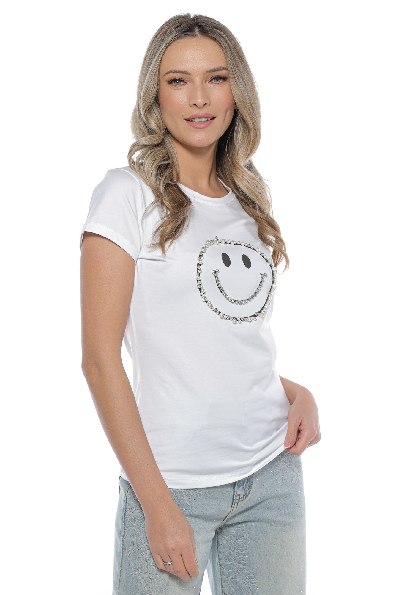 Tricou dama smile face perle stras