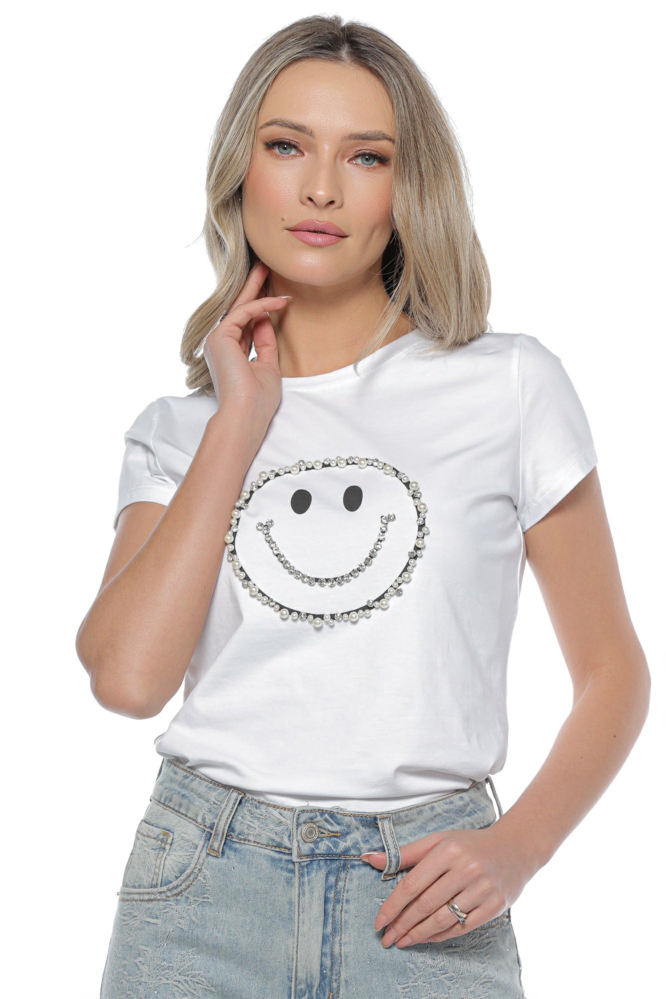 Tricou dama smile face perle stras