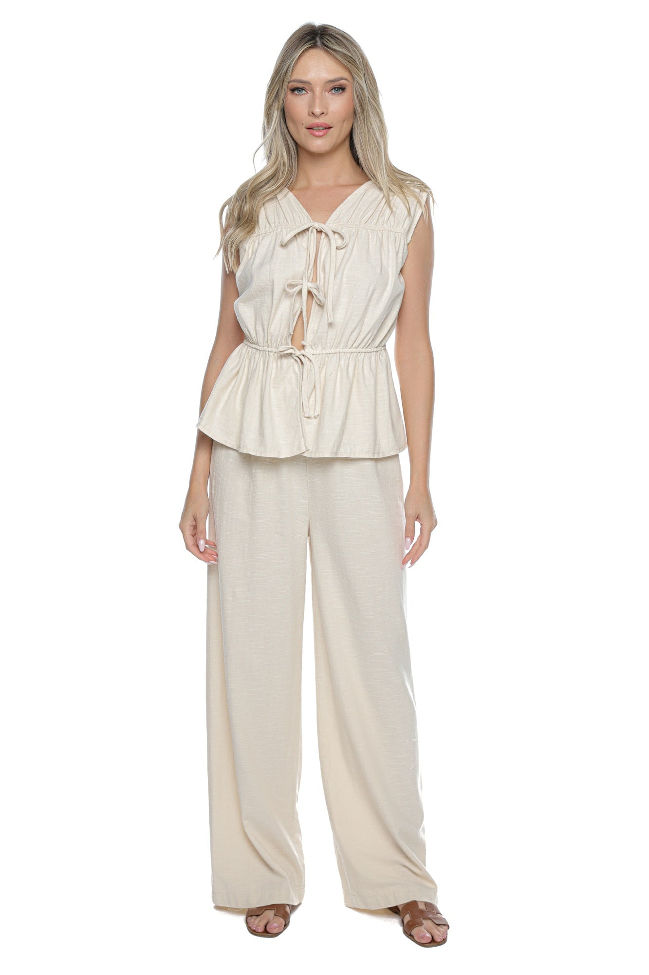Pantaloni crem pal largi talie elastică cu dantela