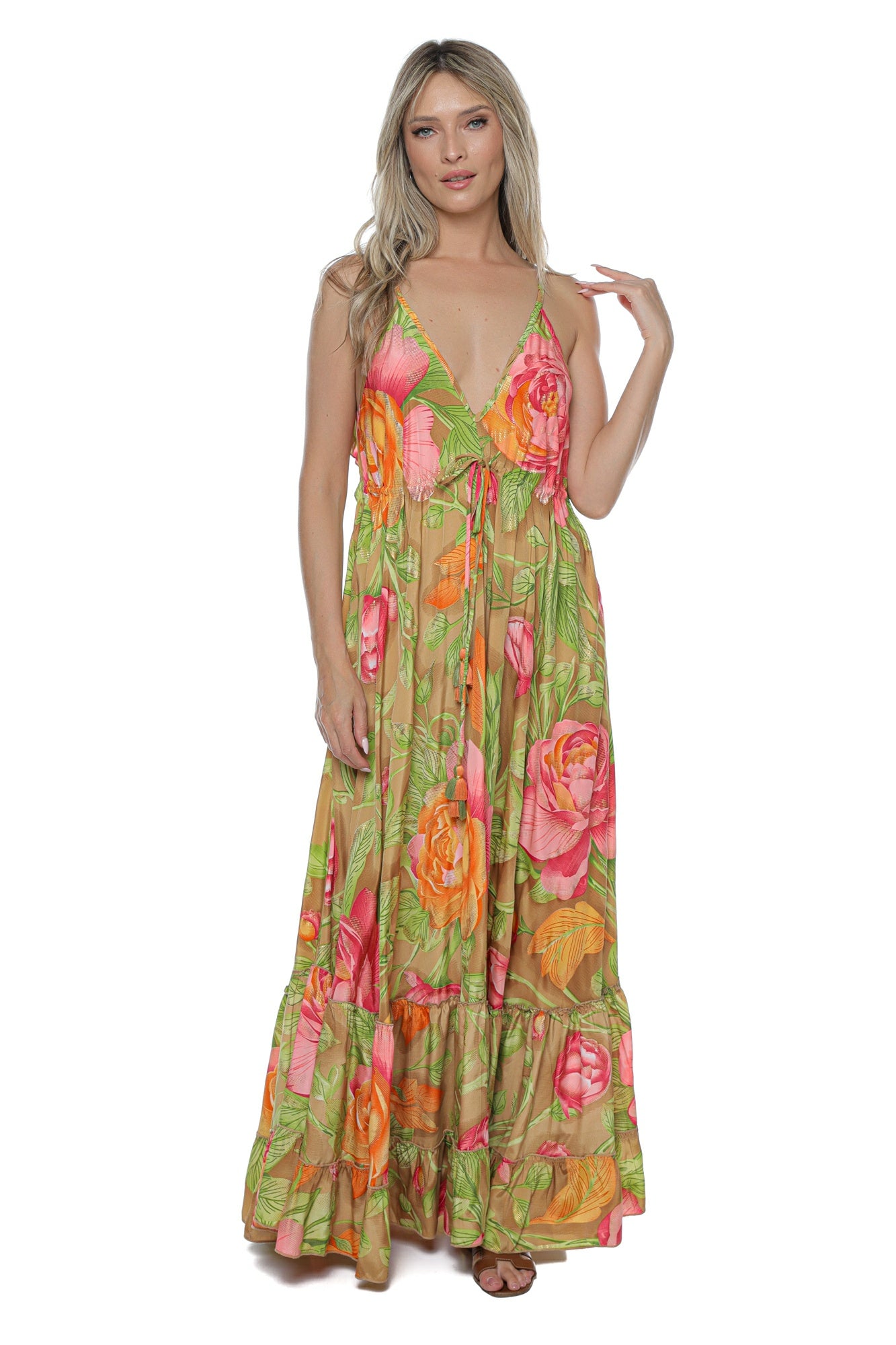 Rochie Boema Maxi Matase bretele v volan spate