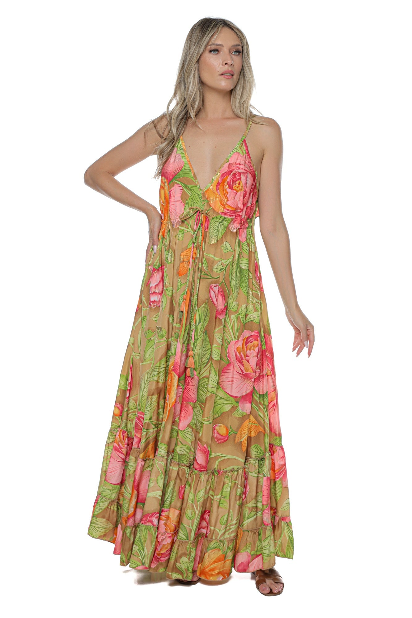 Rochie Boema Maxi Matase bretele v volan spate