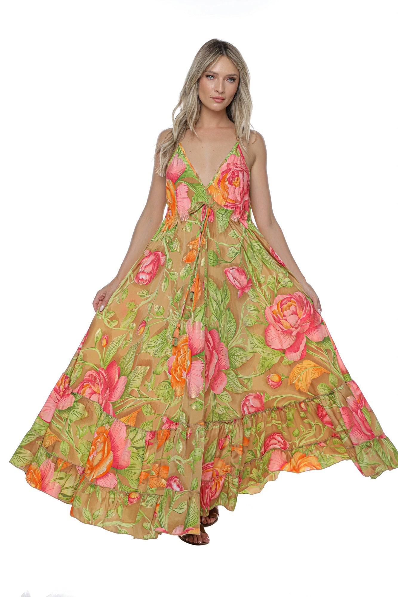 Rochie Boema Maxi Matase bretele v volan spate