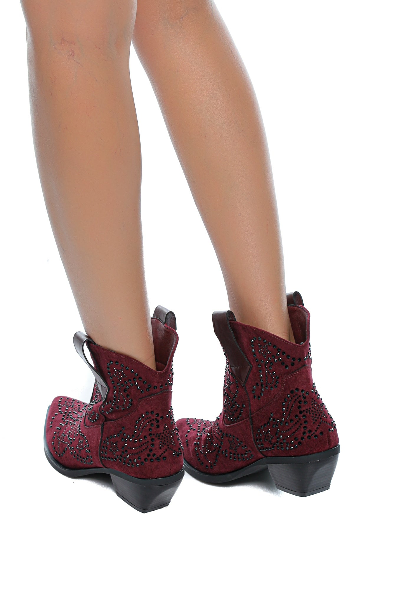 Botine damă tip cowboy din velur vișiniu cu aplicații strass