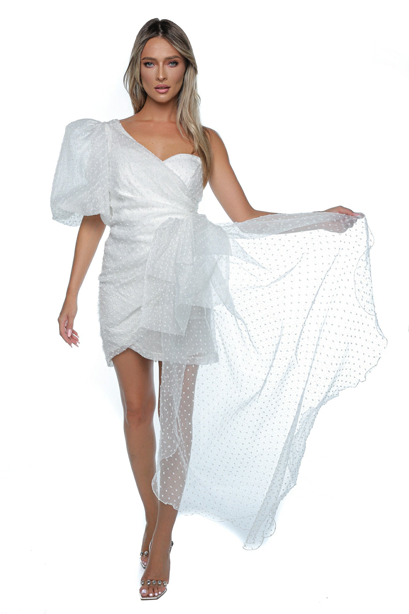 Rochie scurta organza stras o maneca funda laterala