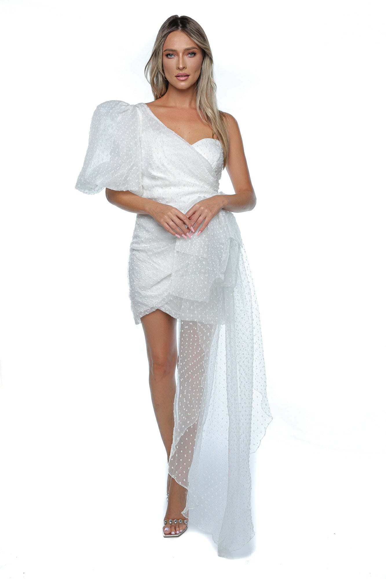 Rochie scurta organza stras o maneca funda laterala