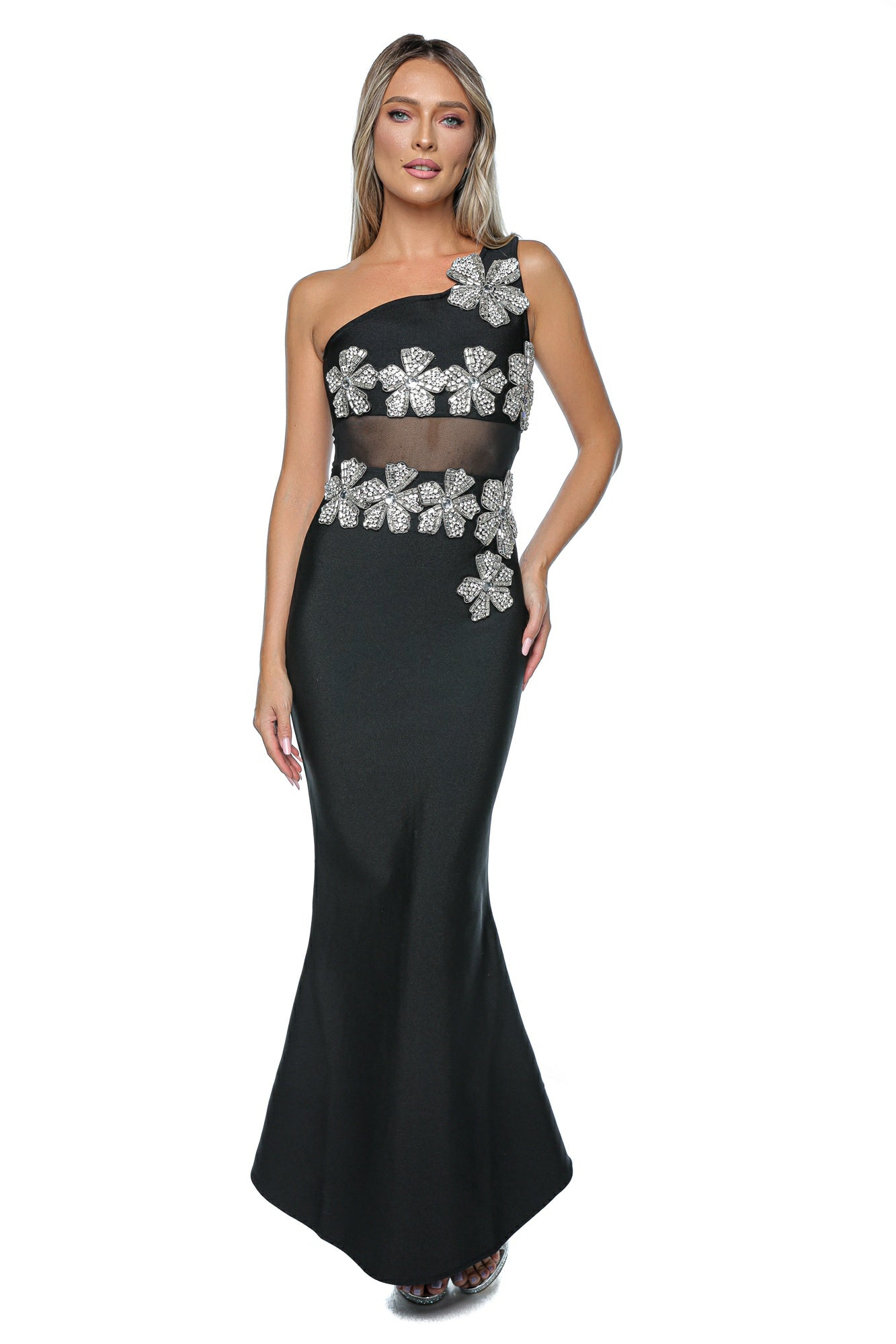 Rochie lungă de seară neagră tip sirena cu un umăr și aplicații florale strălucitoare