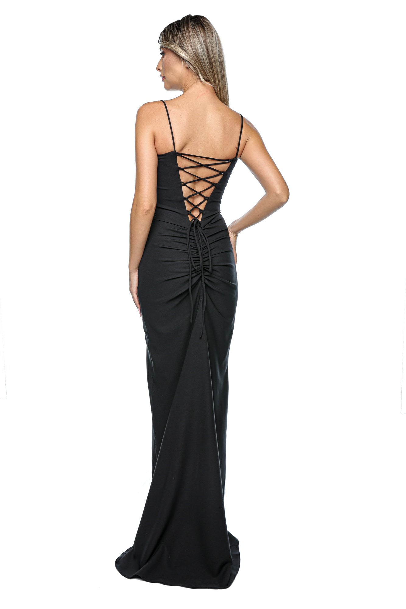Rochie lunga eleganta cu bretele subtiri si spate tip corset