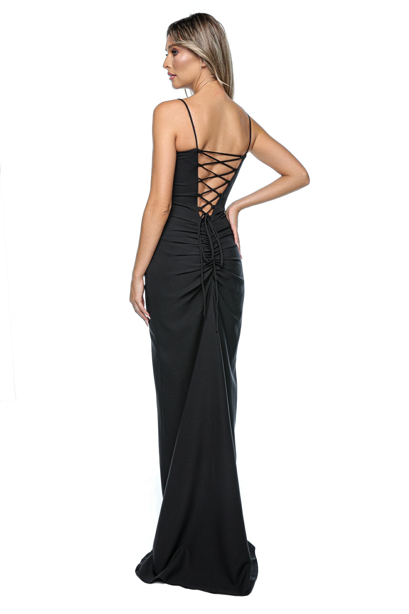 Rochie lunga eleganta cu bretele subtiri si spate tip corset