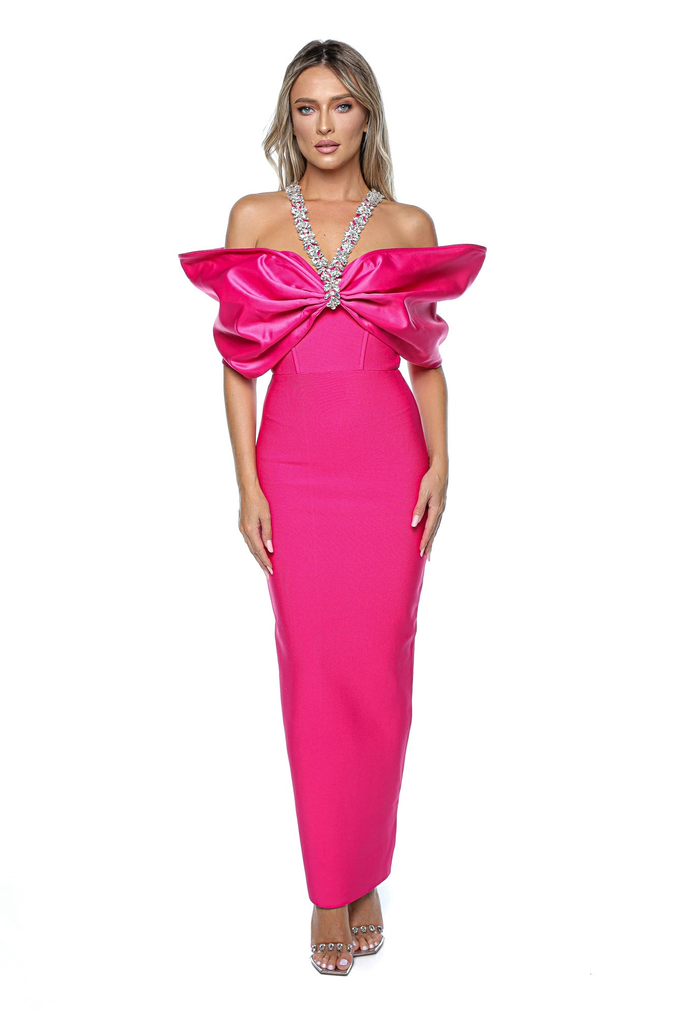 Rochie lungă elegantă cu bust decorat și detaliu statement