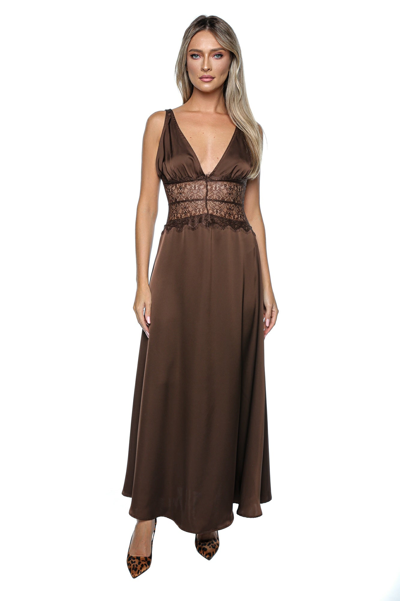 Rochie lunga tip furou din satin cu insertii din dantela