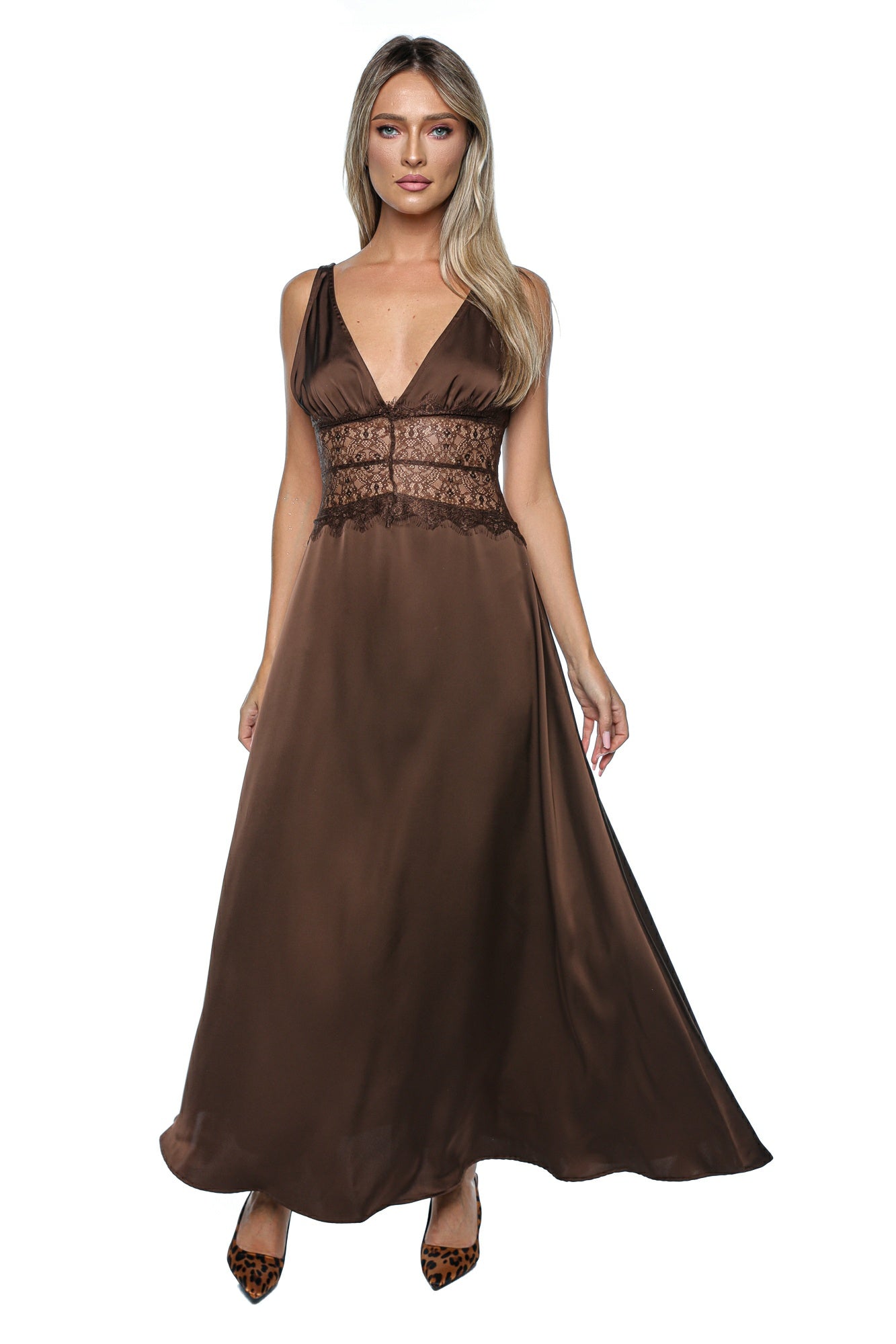 Rochie lunga tip furou din satin cu insertii din dantela