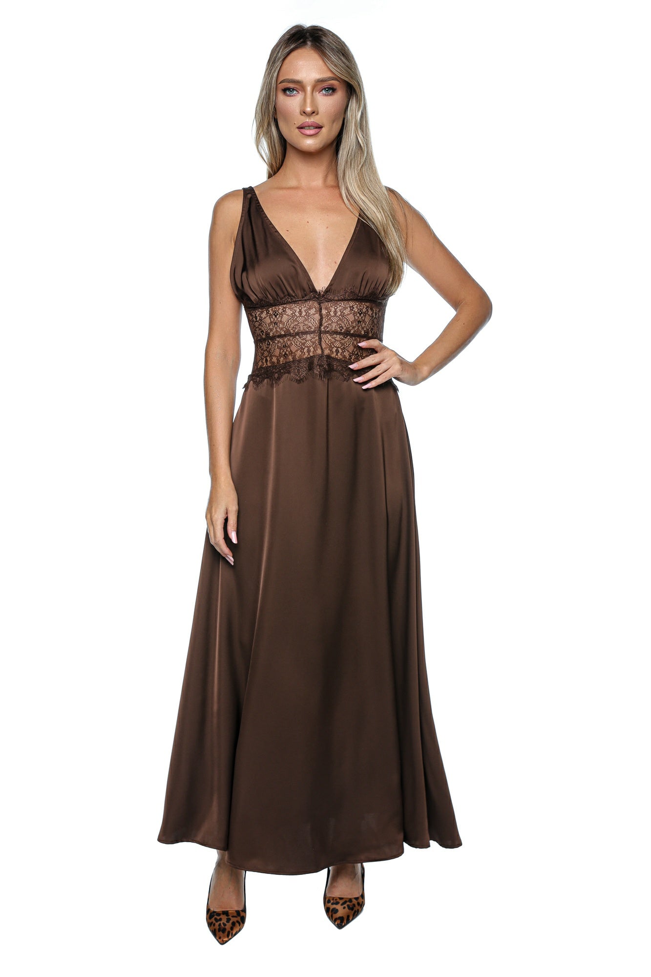 Rochie lunga tip furou din satin cu insertii din dantela
