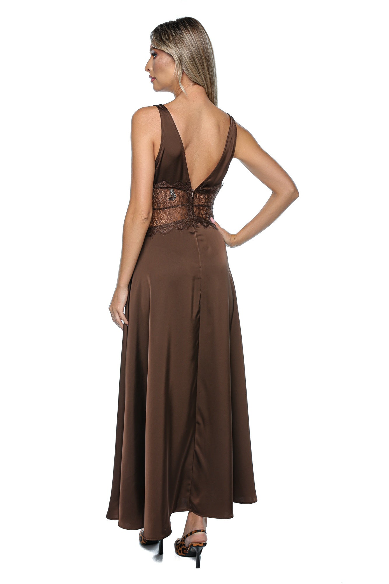 Rochie lunga tip furou din satin cu insertii din dantela