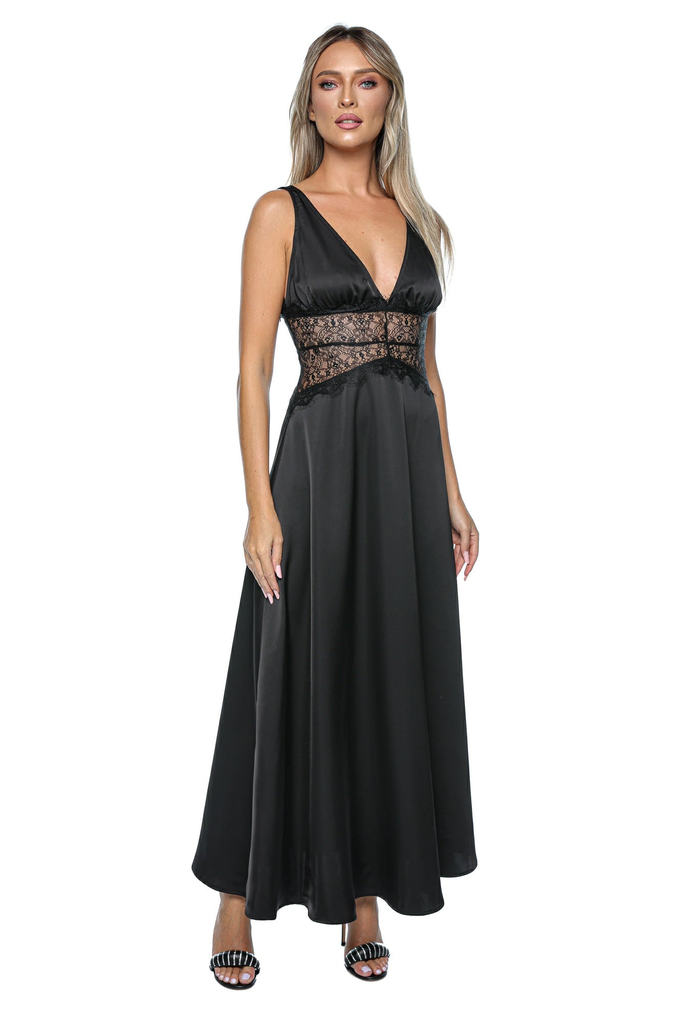 Rochie lunga tip furou din satin cu insertii din dantela