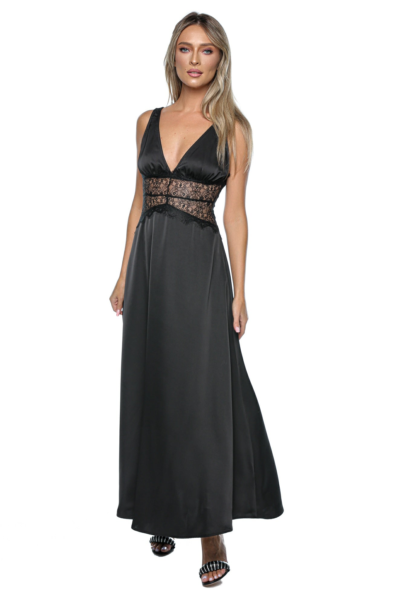 Rochie lunga tip furou din satin cu insertii din dantela