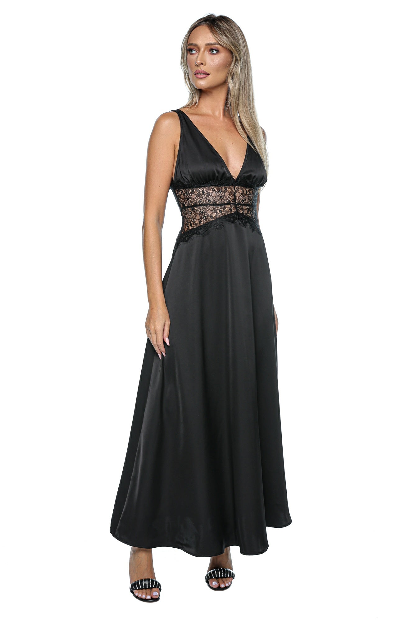 Rochie lunga tip furou din satin cu insertii din dantela