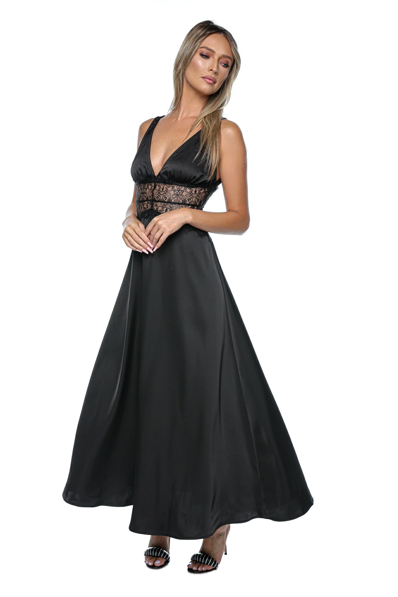 Rochie lunga tip furou din satin cu insertii din dantela