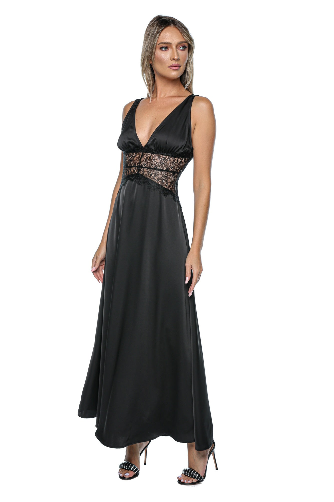 Rochie lunga tip furou din satin cu insertii din dantela