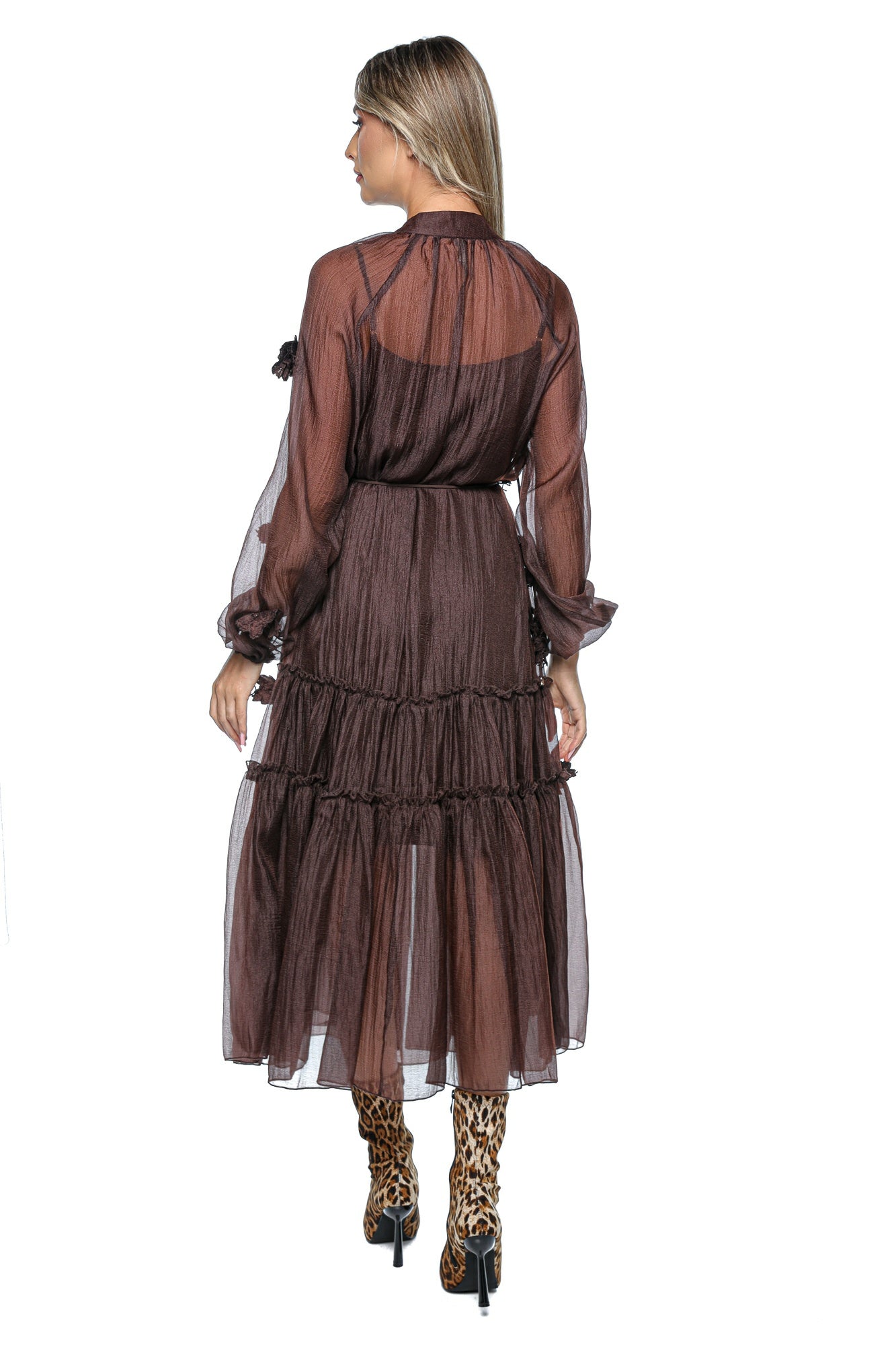Rochie midi din voal cu detalii florale 3D