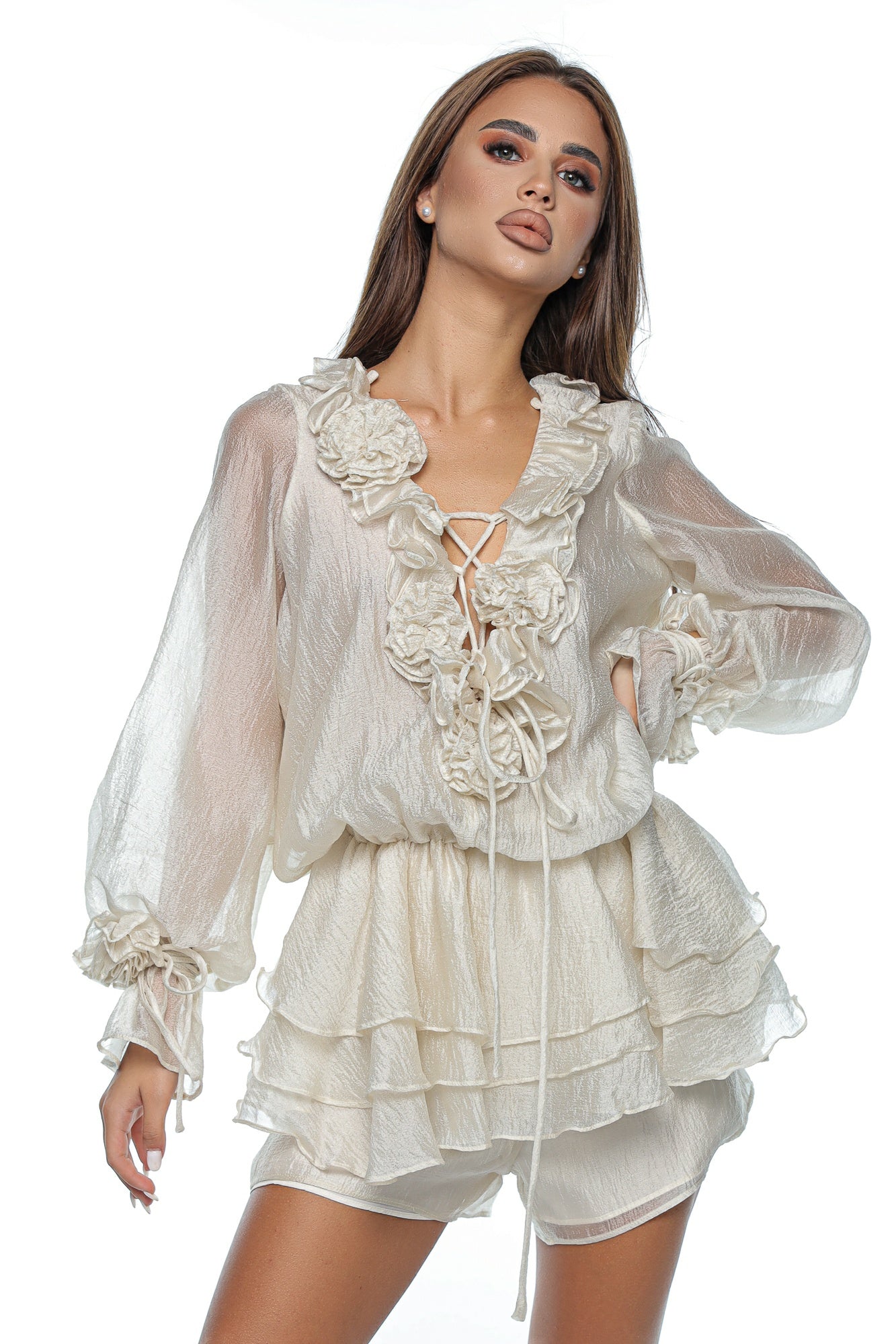 Compleu dama organza cu volane si maneci lungi