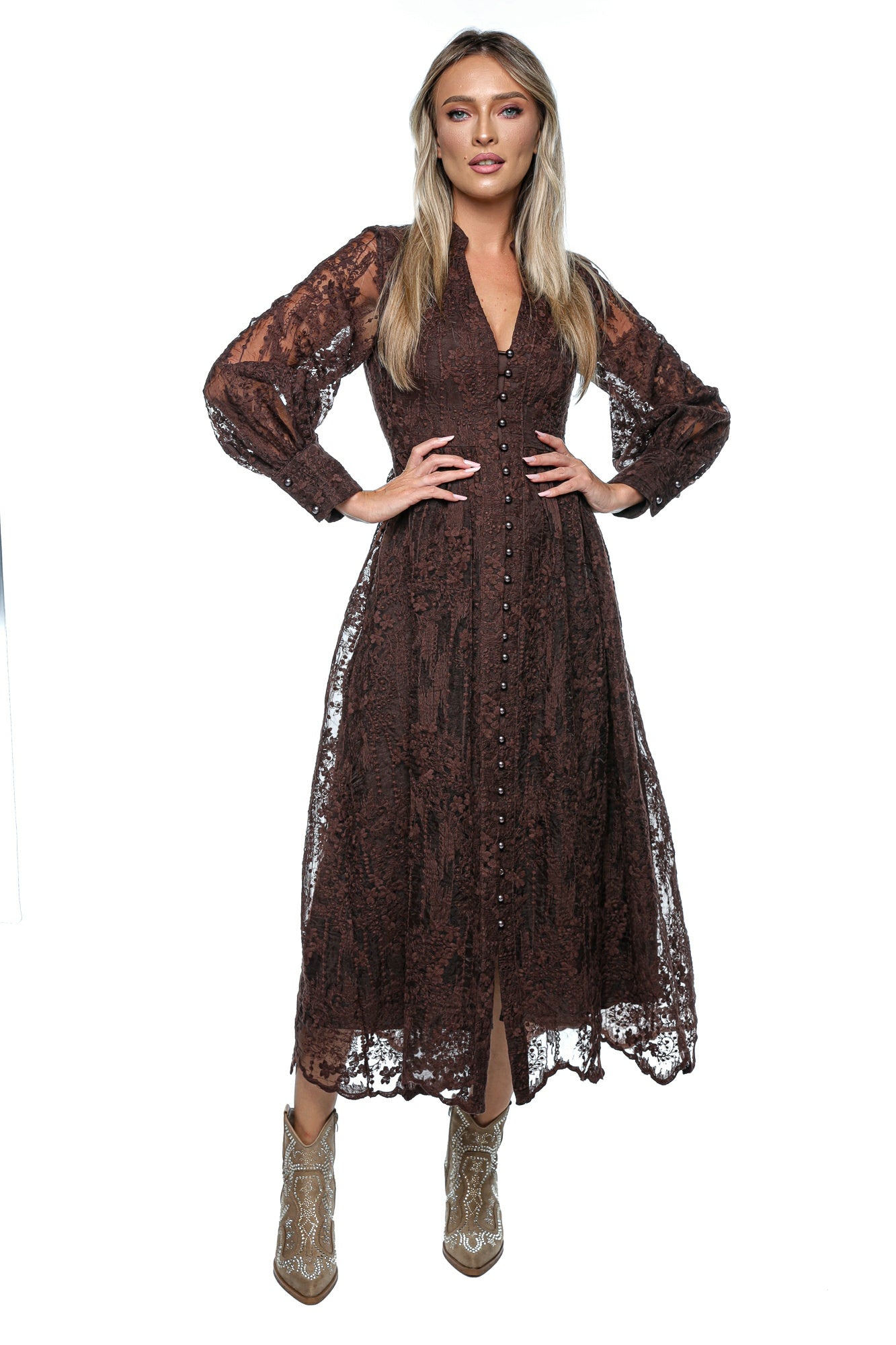 Rochie midi din dantelă cu nasturi frontali