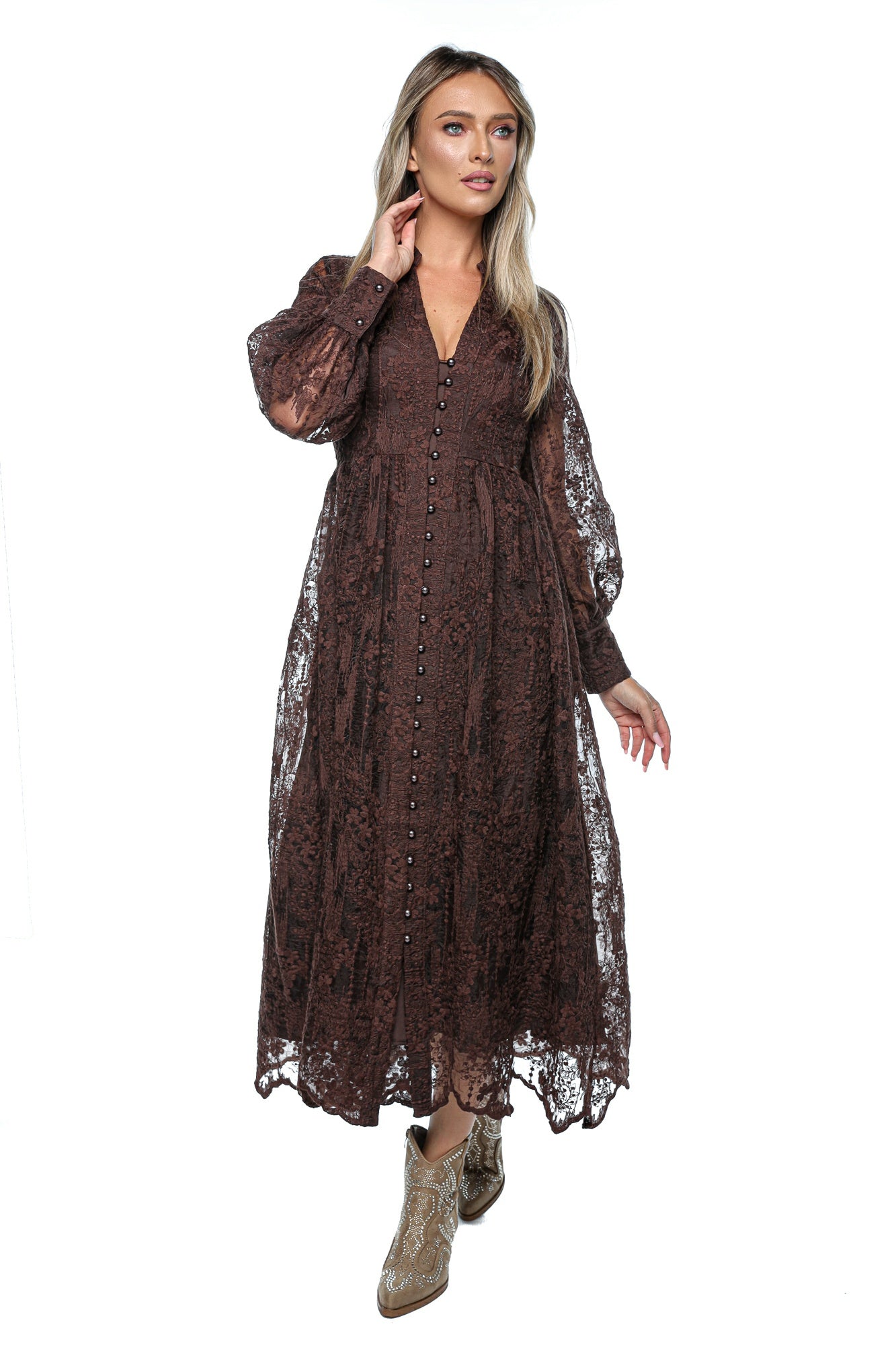 Rochie midi din dantelă cu nasturi frontali
