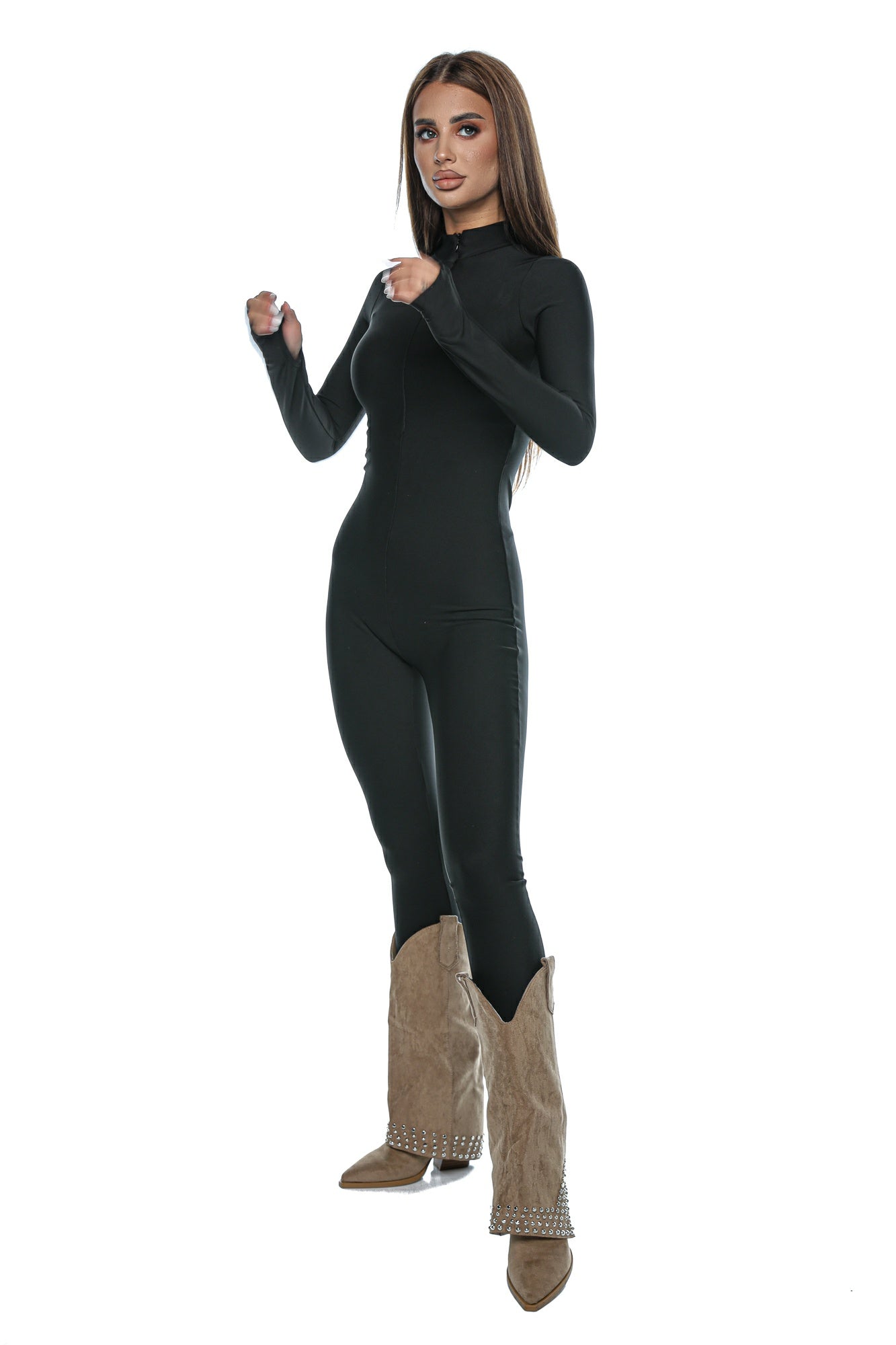 Salopetă damă din lycra cu mânecă lungă – neagră, mulată