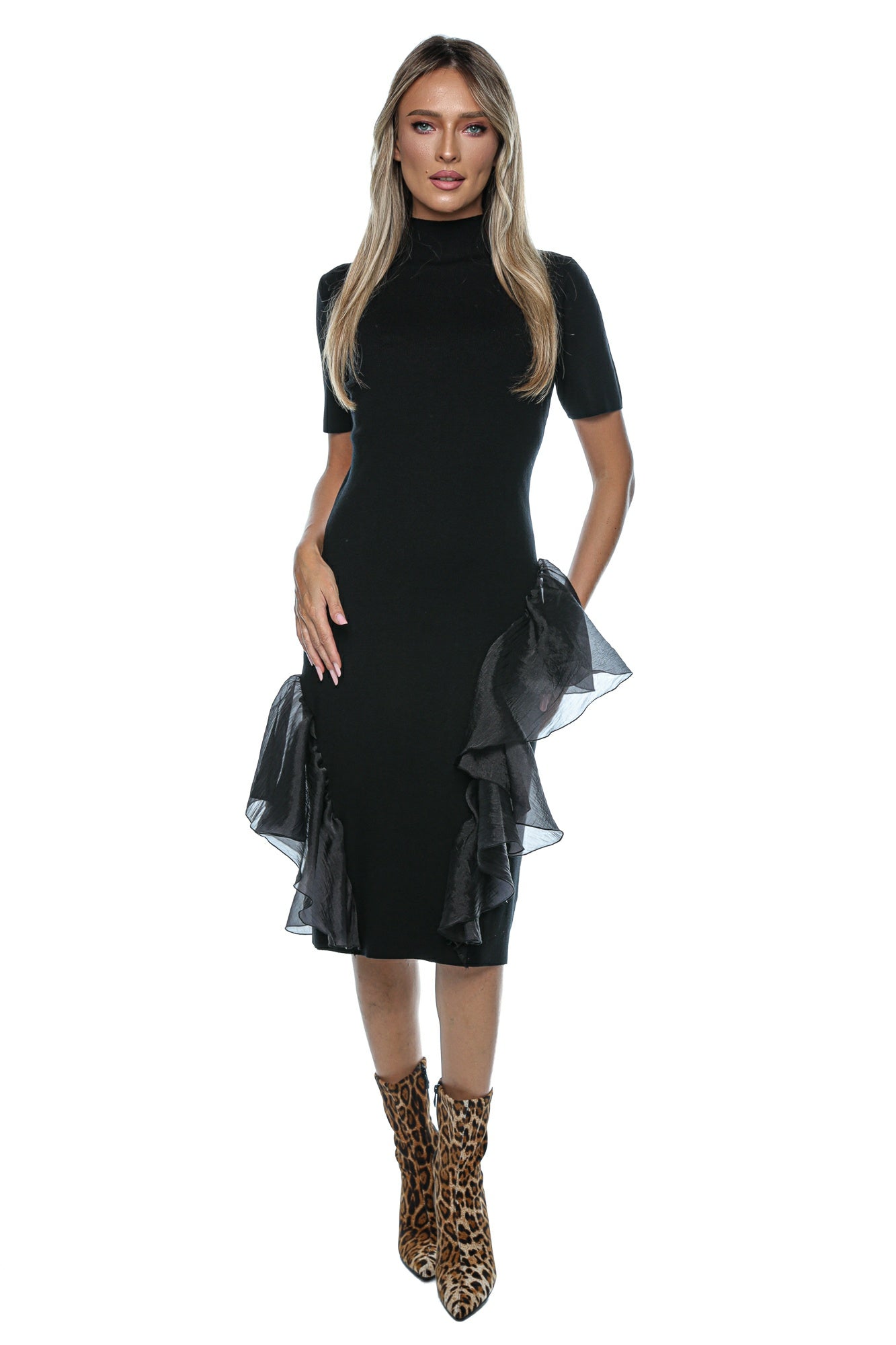 Rochie midi cu volane asimetrice organza