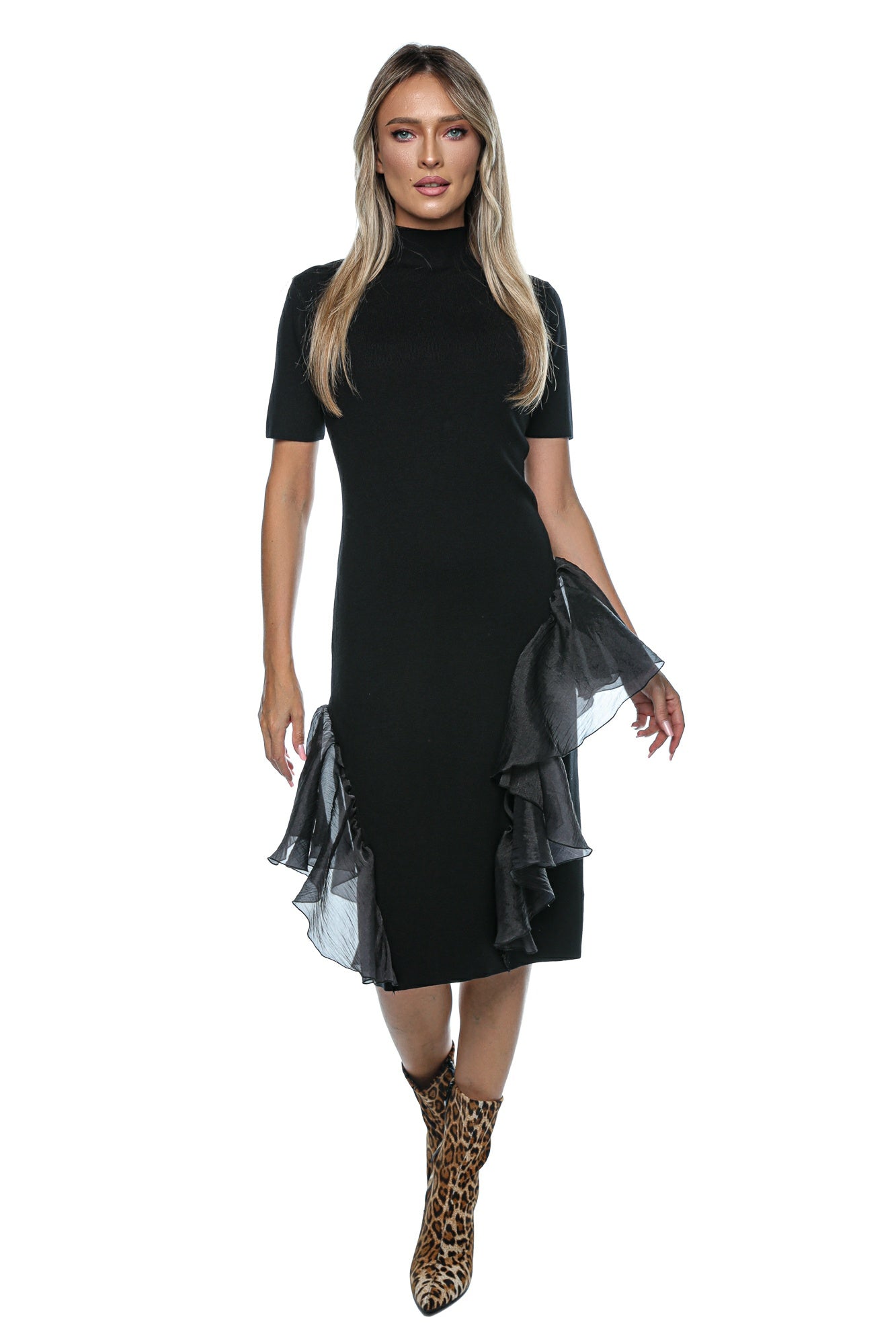 Rochie midi cu volane asimetrice organza