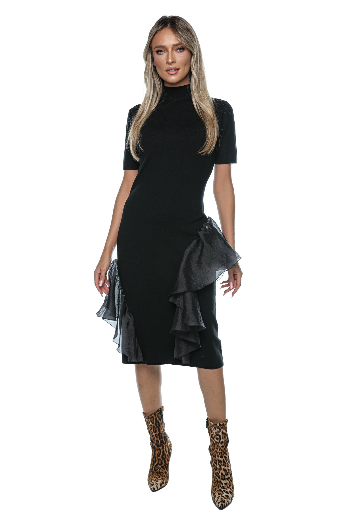Rochie midi cu volane asimetrice organza